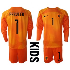 Netherlands Remko Pasveer #1 Goalkeeper Replica Away Stadium Kit for Kids World Cup 2022 Long Sleeve (+ pants)